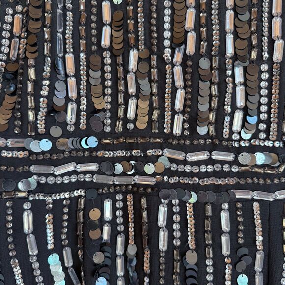 NWT Mac Duggal Embellished High Neck Long Sleeve Fitted Dress in Charcoal Gray 4 - Picture 7 of 16